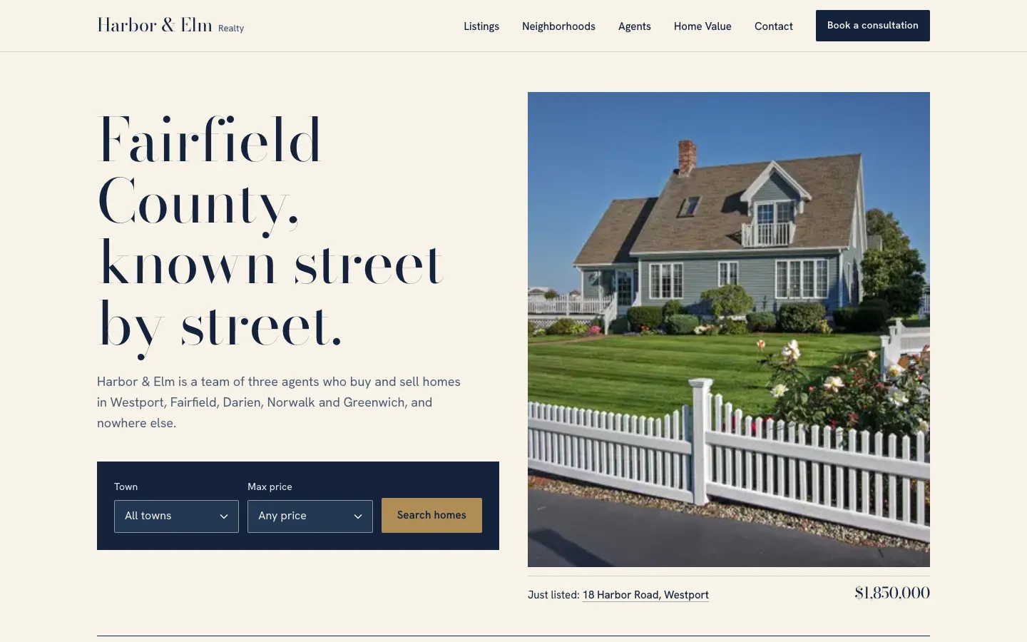 Harbor & Elm Realty homepage on a desktop browser