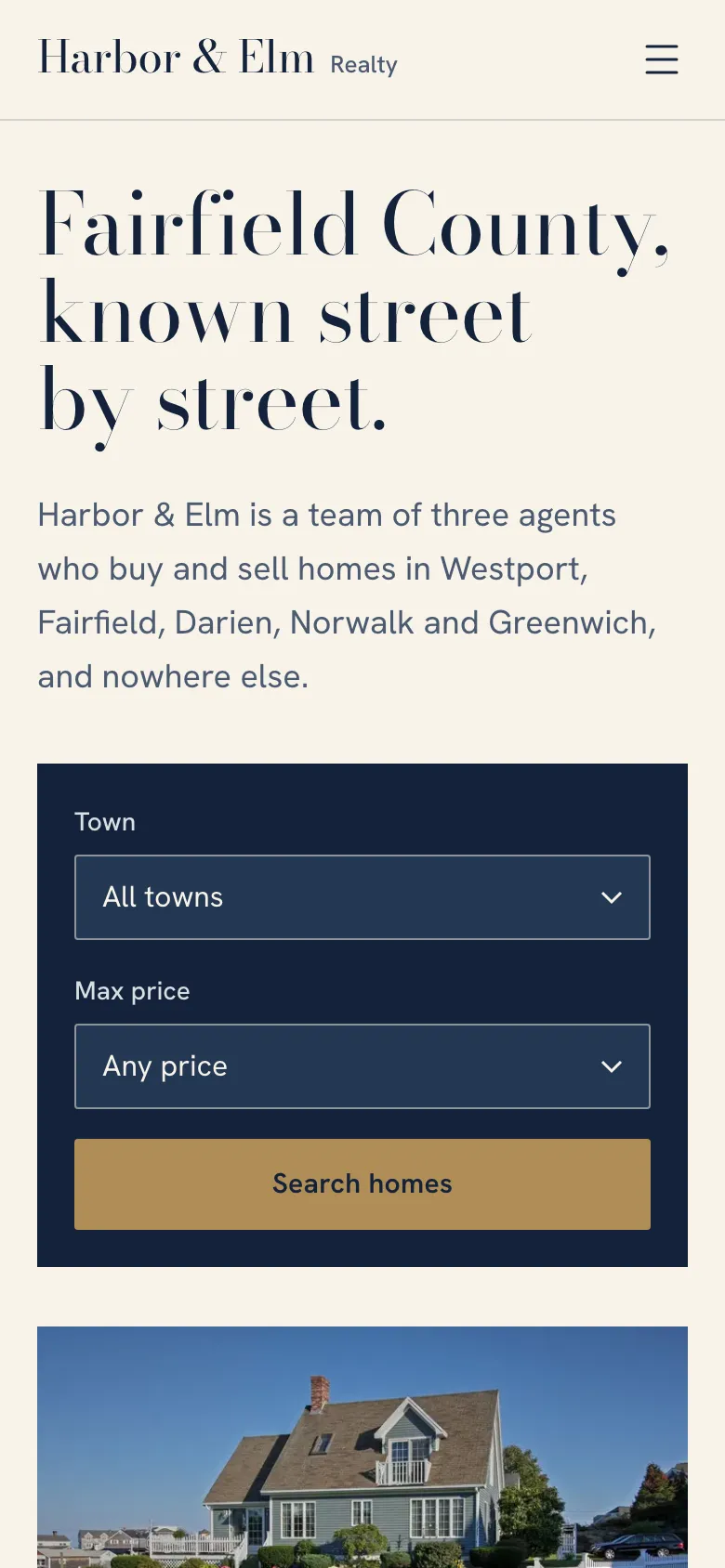 Harbor & Elm Realty homepage on a phone