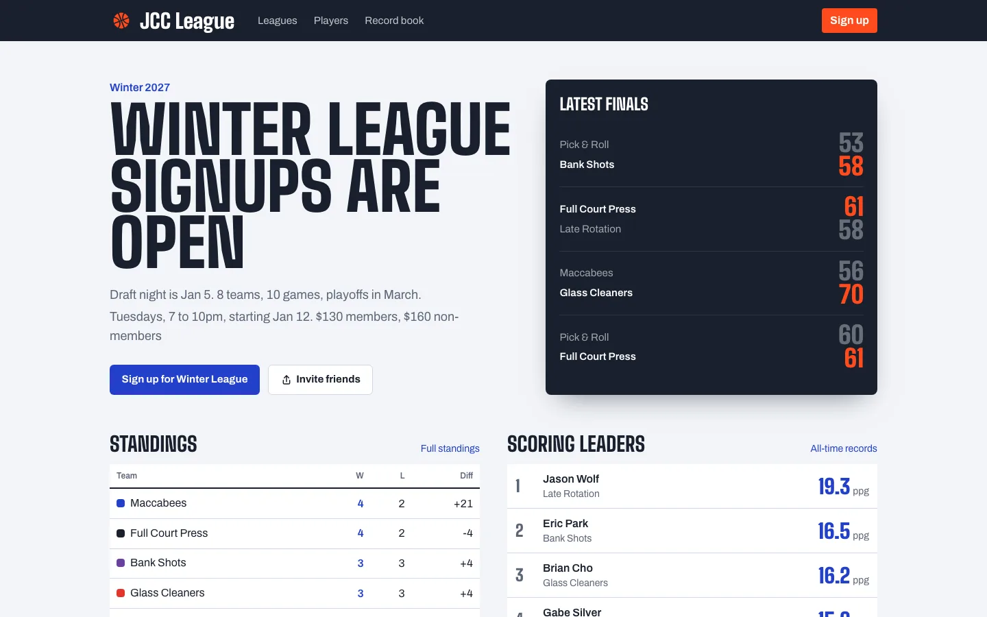 JCC League homepage on a desktop browser