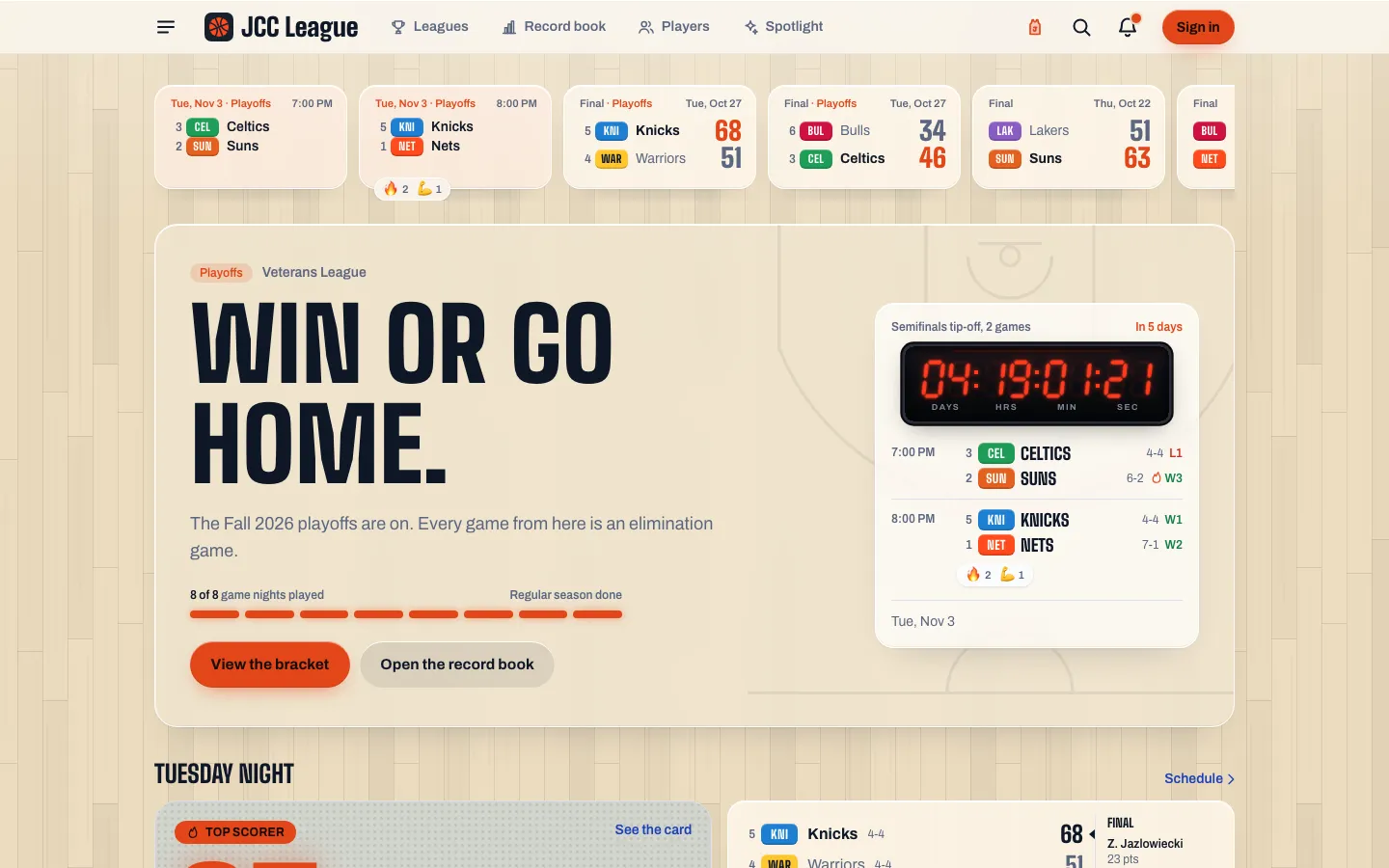 JCC League homepage on a desktop browser