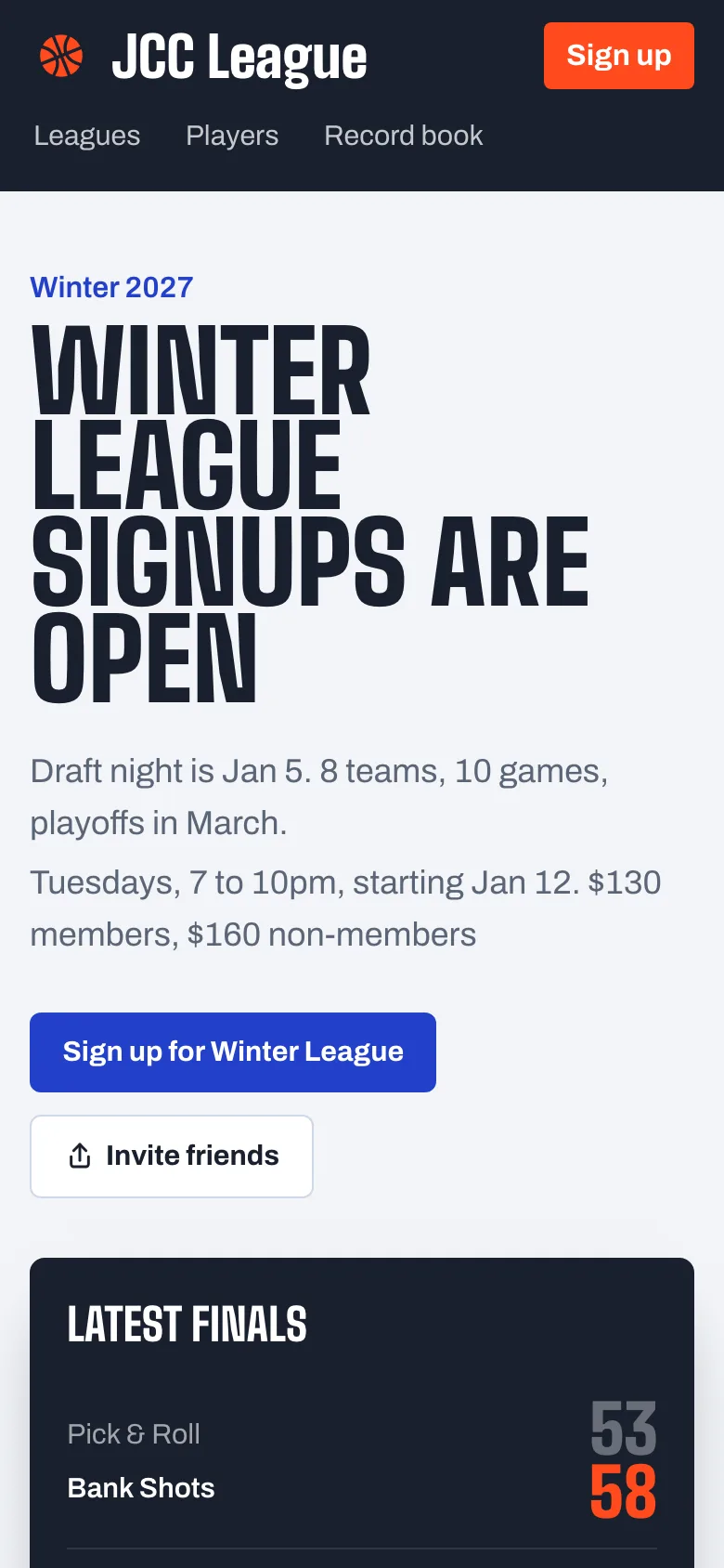 JCC League homepage on a phone