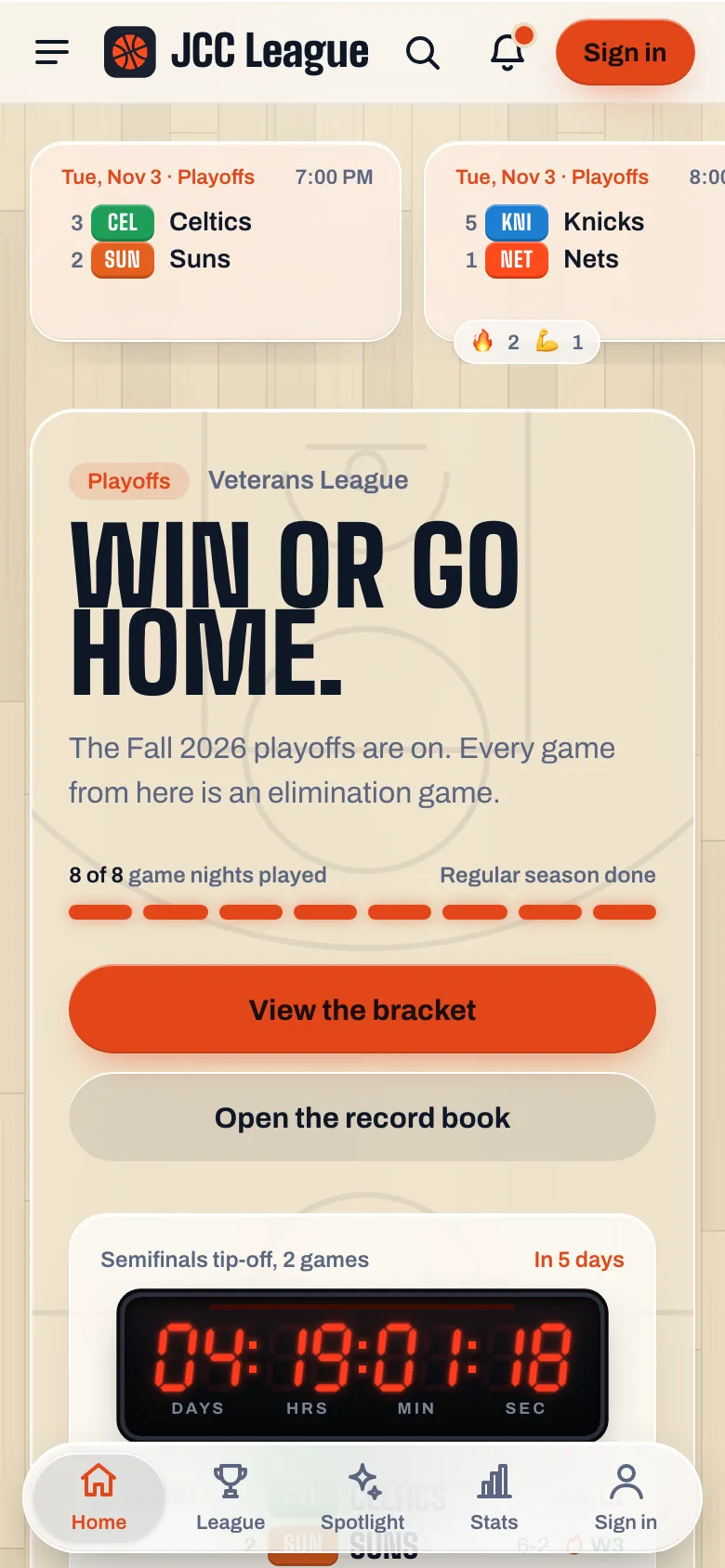 JCC League homepage on a phone