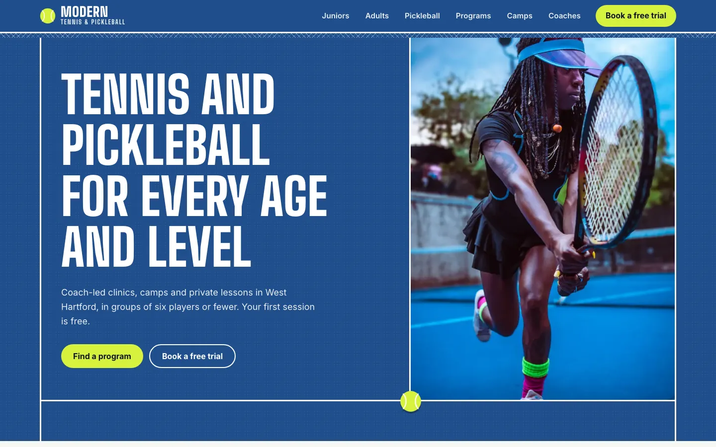 Modern Tennis & Pickleball homepage on a desktop browser