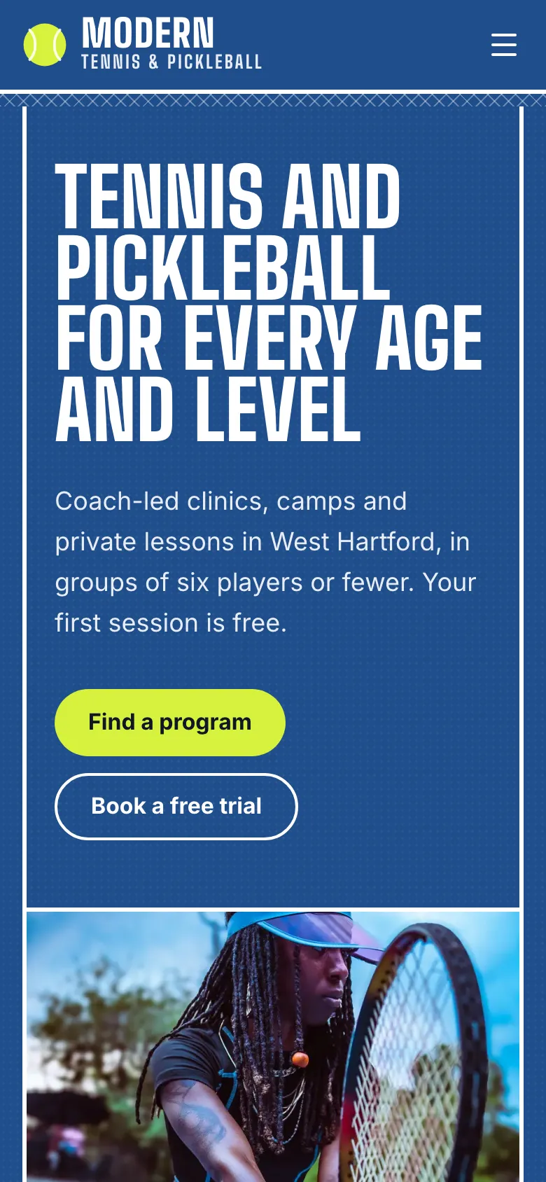 Modern Tennis & Pickleball homepage on a phone