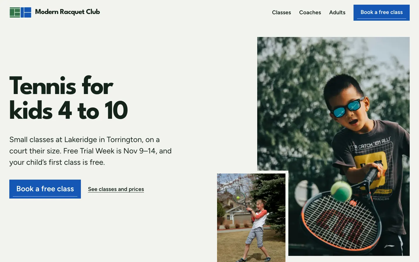 Modern Racquet Club homepage on a desktop browser