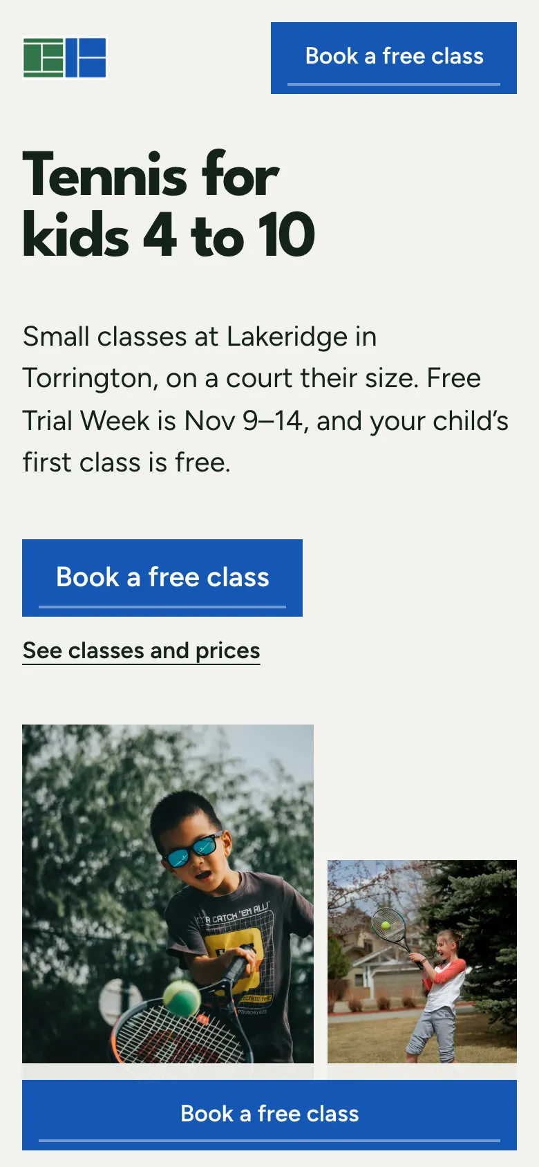 Modern Racquet Club homepage on a phone
