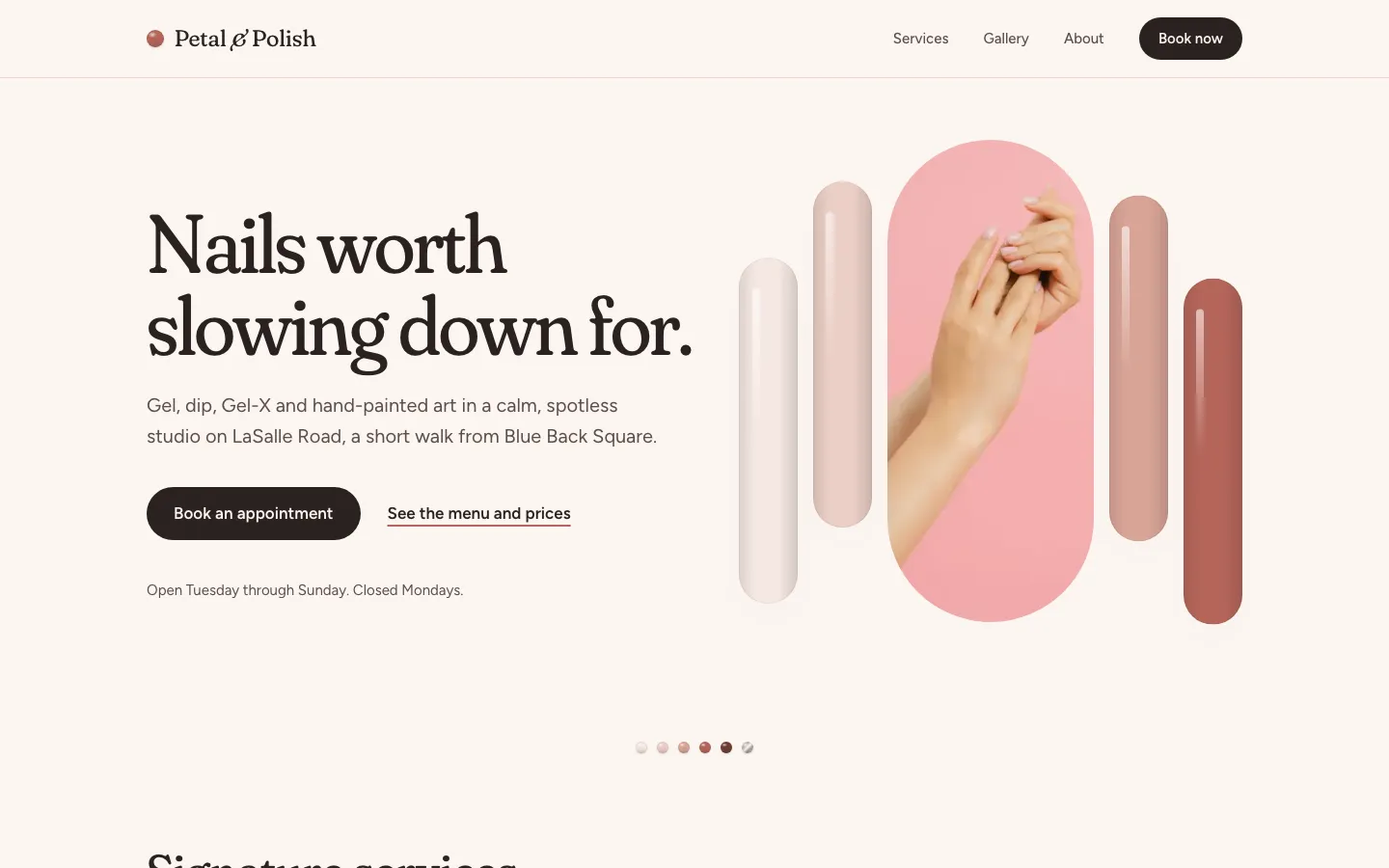 Petal & Polish homepage on a desktop browser