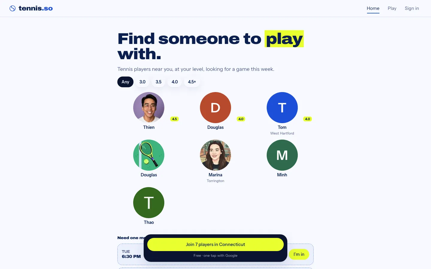 tennis.so homepage on a desktop browser