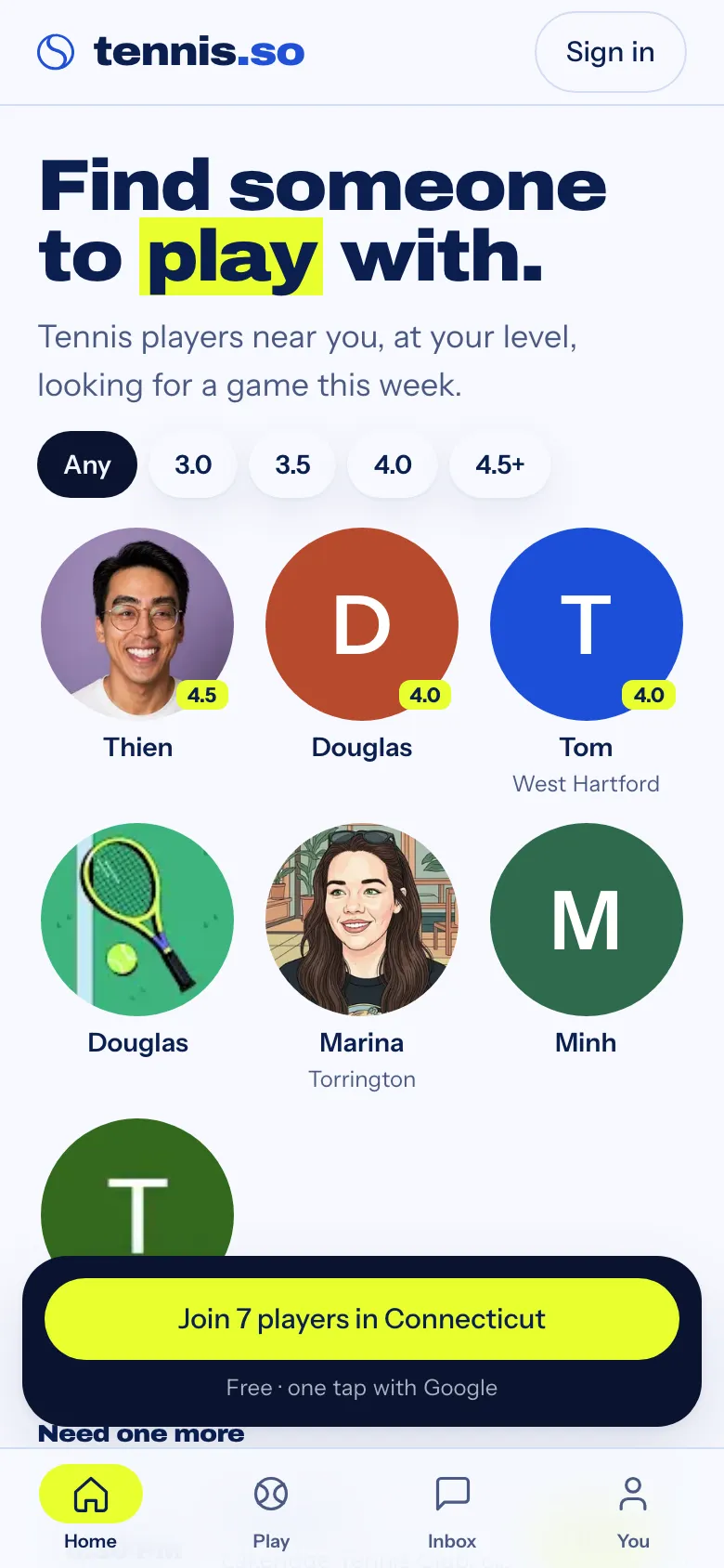 tennis.so homepage on a phone