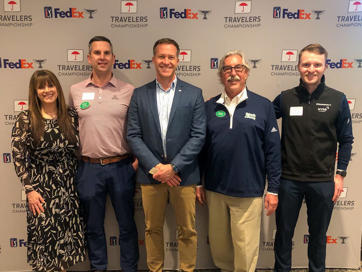 WFSB’s Renee DiNino, President Eric Feeney, Travelers Championship Tournament Director Nathan Grube, Director Marty Keena and Chairman Matt Heller at the 2024 Birdies for Charity kickoff party