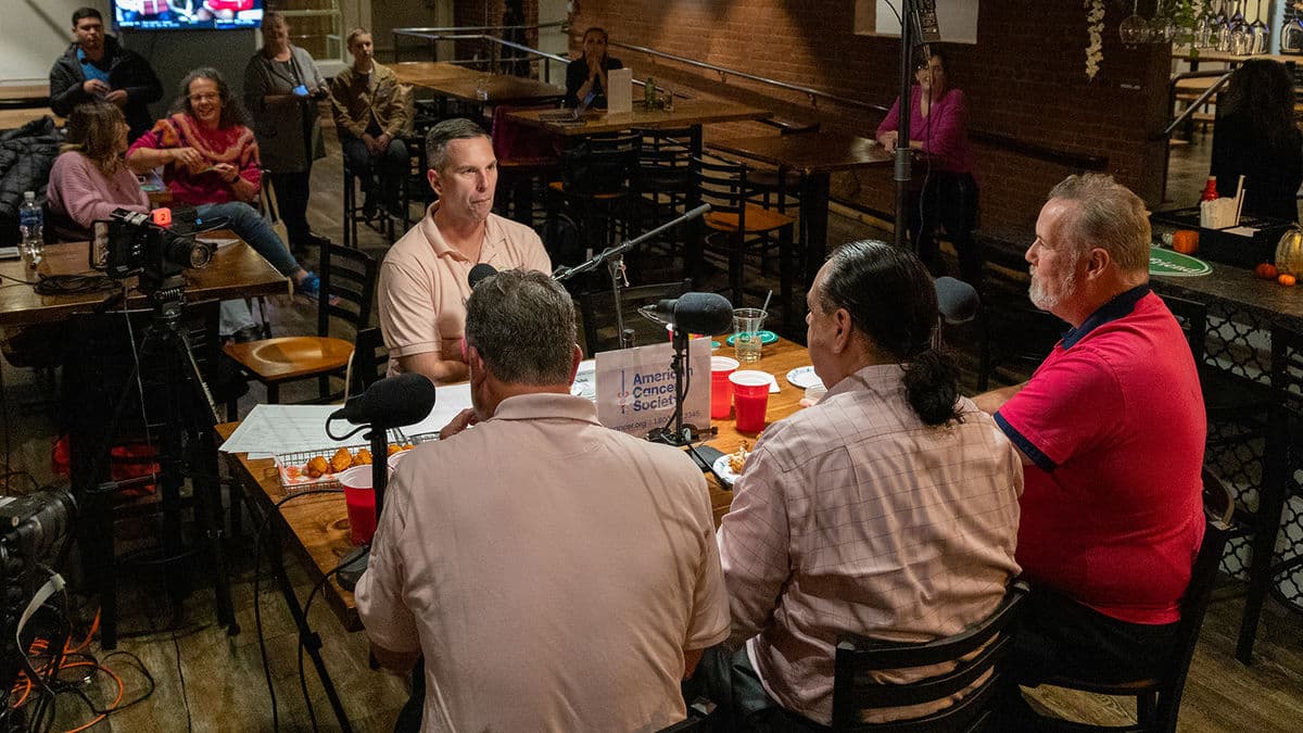 A Feeney Talks With Friends recording in front of a small audience in a restaurant
