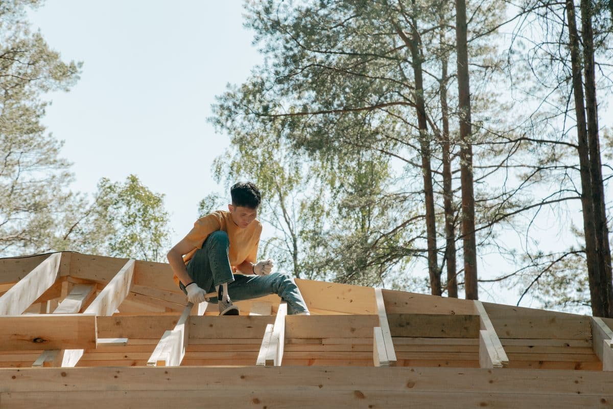 Carpenter kneeling on new floor framing, tall pines behind