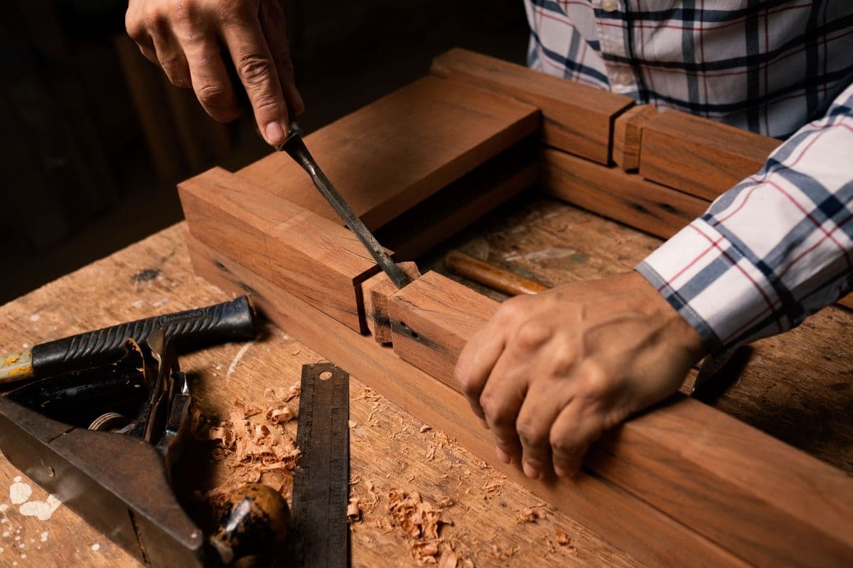 Hands paring a mortise with a chisel, wood shavings and a square on the bench